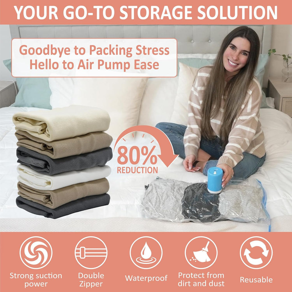 16 Pack Travel Vacuum Storage Bags with Rechargeable Wireless Electric Pump for Luggage, Suitcase, Carry-on Size Vacuum Seal Compression Space Saver Bags for Clothes and Clothing Travel