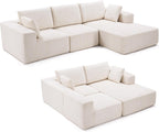 108" Boneless Couch with Chaise, Modular Sofa with Deep Seat, Beige | Deep Seat Modular Sectional Sofa for Living Room, Upholstered Corduroy Couch for Apartment, Convertible No Assembly Sofa