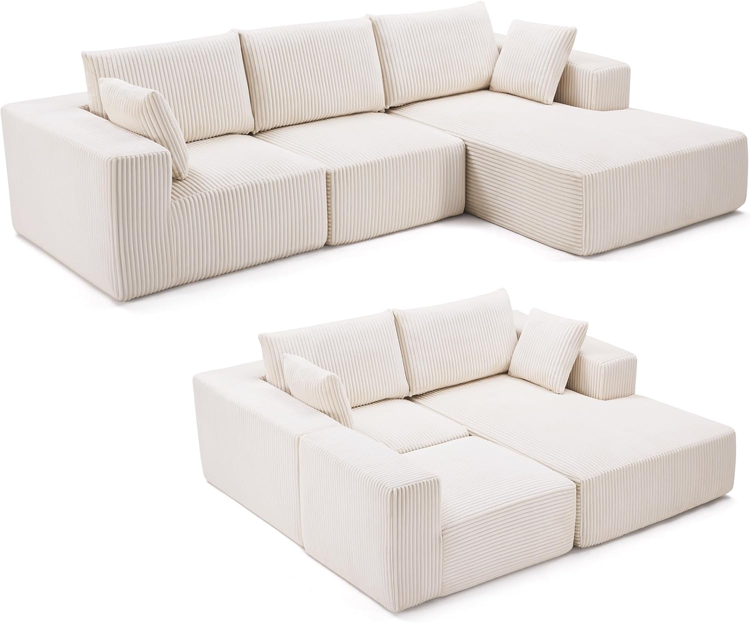 108" Boneless Couch with Chaise, Modular Sofa with Deep Seat, Beige | Deep Seat Modular Sectional Sofa for Living Room, Upholstered Corduroy Couch for Apartment, Convertible No Assembly Sofa