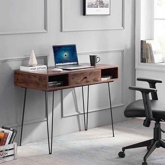 VECELO 39.3" Home Office Work Table with Drawers,Computer Desk with Hairpin Legs for Writing/Study,Rustic Brown