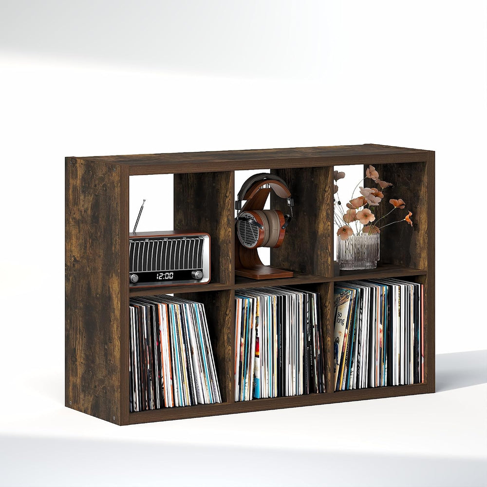 Furinno Cubicle Record Player Stand, 6-Cube Record Storage, Amber Pine