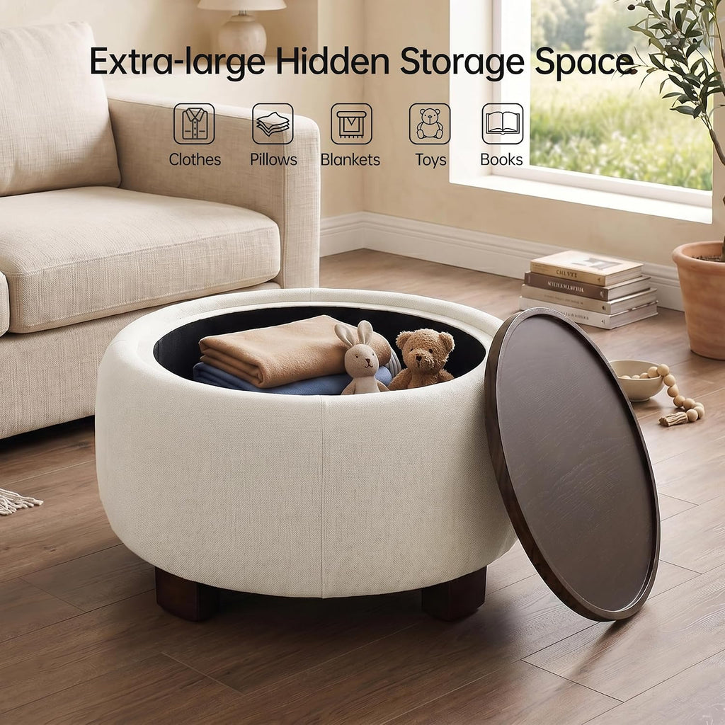 VKNOW 30" Round Storage Ottoman Coffee Table, Ottoman with Sotrage with Lift-Off Lid and Solid Wood Legs, Coffee Tables for Living Room, Bedroom, Apartments, Corners, Beige