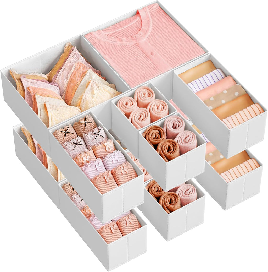 SONGMICS Drawer Organizer,Dresser Drawer Organizers, Set of 12, Foldable Fabric Storage Bins for Socks, Underwear, Bras, Ties, Scarves, Cloud White URDZ006W02