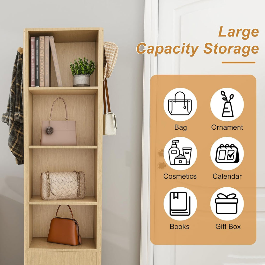 Montary 360° Rotating Makeup & Jewelry Cabinet with Full-Length Mirror - Standing Storage Organizer with Coat Rack, 4-Tier Open & Built-in Shelves, Walnut