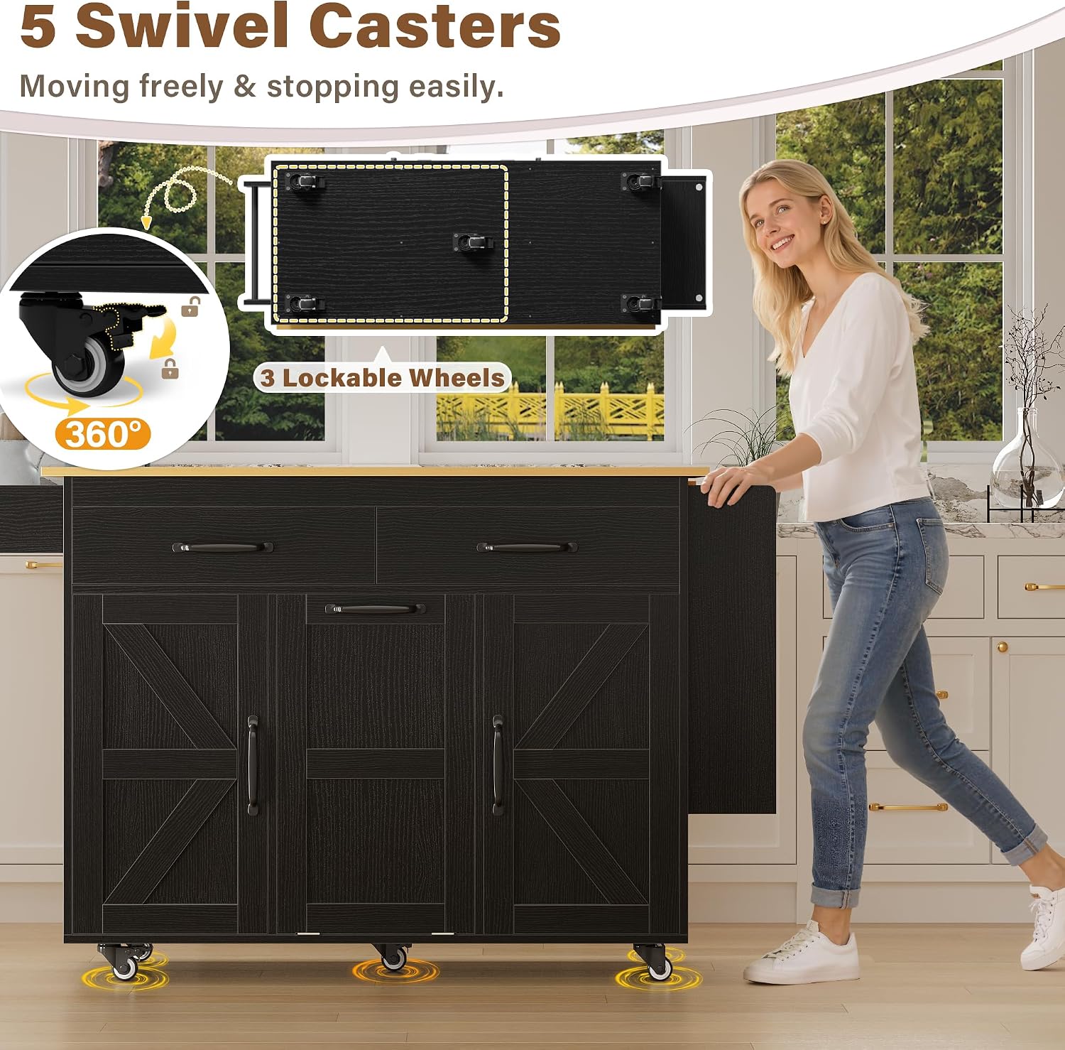 YESHOMY Kitchen Island on Wheels with Trash Cabinet, 56" Mobile Cart with Drop Leaf and Drawers, Rolling Portable Table with Spice Rack & Towel Holder for Dining Room, Black