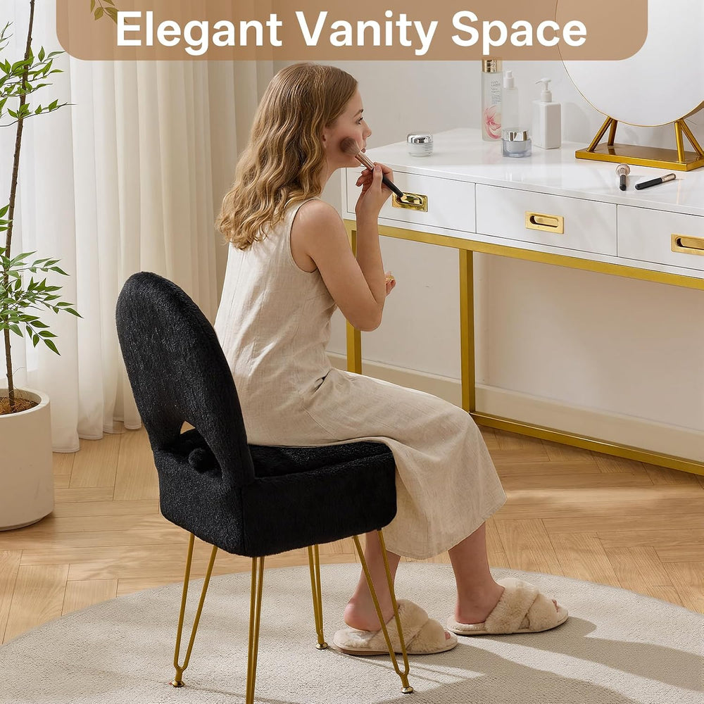 Gitrah Black Vanity Chair with Storage, Folding Back Faux Fur Vanity Stool, M...