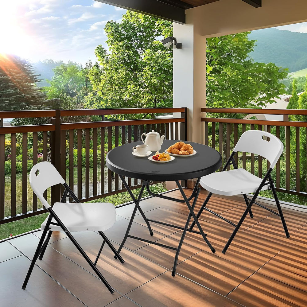 Bonnlo Round Folding Table 32 inch, HDPE Plastic Small Tabletop with Steel Fr...