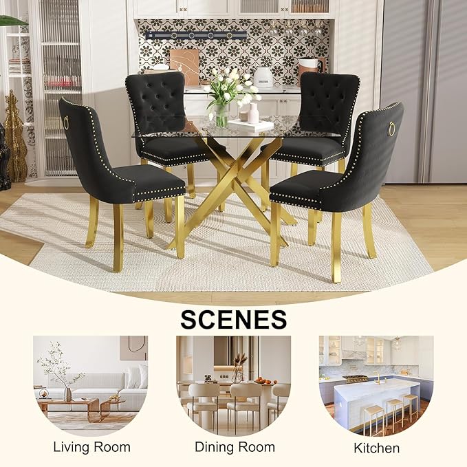 51 Inch Glass Dining Table Set for 4, Rectangular Glass Kitchen Table with 4 Upholstered Velvet Accent Chairs, 5 Piece Modern Dining Room Set, for Home, Apartment, Small Spaces - Black Gold