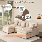 108" U Shaped Couch, Modular Sectional Sofa, 3-Seater Comfy Cloud Couch, Set of Modular Pieces with Movable Ottoman, Deep Seat Couches for Living Room, Linen, Beige