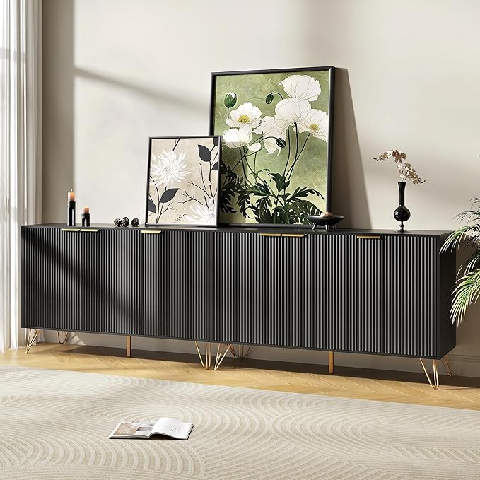 TV Stand for 90 inch TV Modern Entertainment Center Cabinet with 6 Doors Wood Media Console Storage Cabinets for Living Room Bedroom, Black