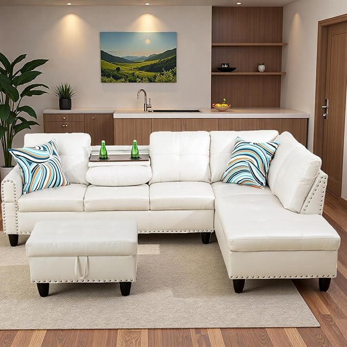 Sectional Couches for Living Room with Movable Chaise & Storage Ottoman - 97.5" Leather L Shaped Couches for Living Room Apartment, Home Modular Sectional Sofas with Cup Holder, White