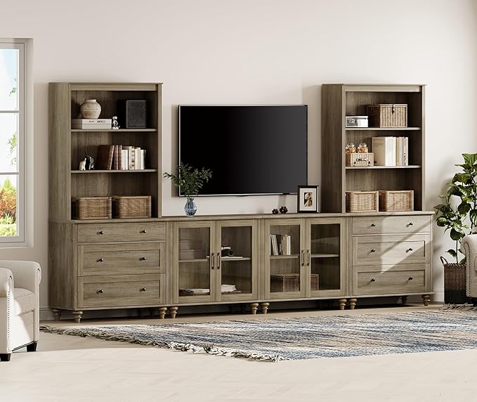 WAMPAT Entertainment Center with Bookshelves for TVs up to 75", Farmhous...