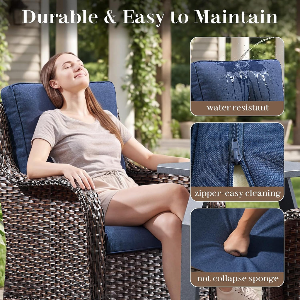 Luxury Outdoor Wicker Glider Rocker Chairs for 4 Person, Outdoor Furniture Sets with 2 Piece Wicker Swivel Rocker Chairs, Rattan Glider Rocker Chairs with Table for 2 Seats Brown/Blue
