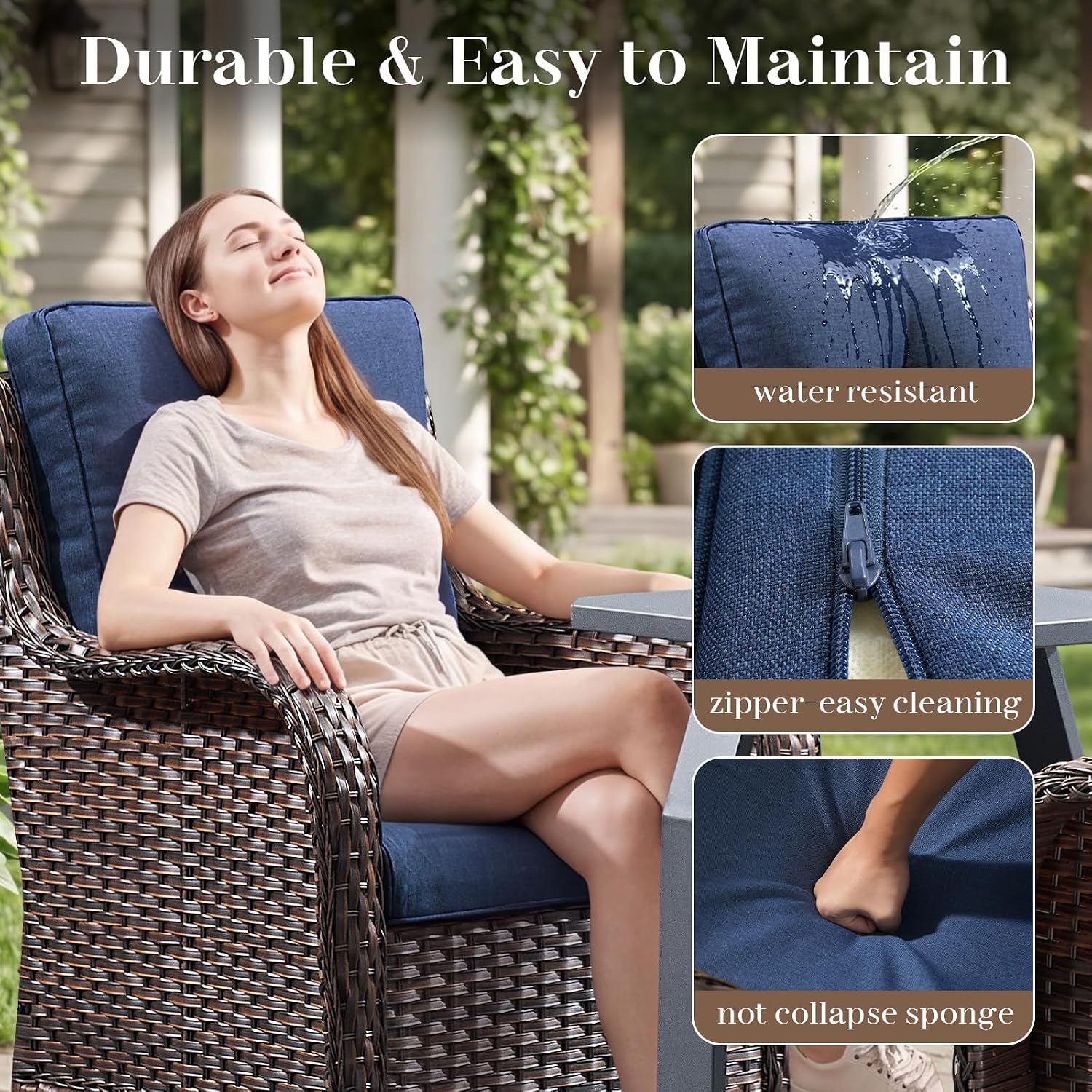 Luxury Outdoor Wicker Glider Rocker Chairs for 4 Person, Outdoor Furniture Sets with 2 Piece Wicker Swivel Rocker Chairs, Rattan Glider Rocker Chairs with Table for 2 Seats Brown/Blue
