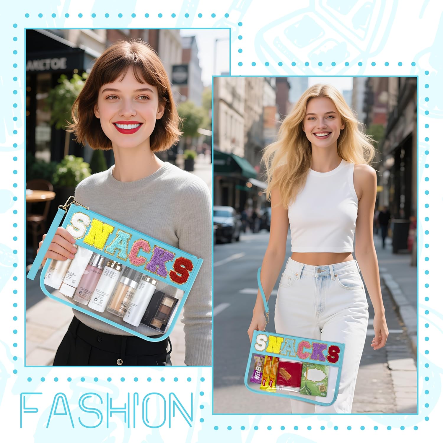 Snack Bag for Travel & Makeup - Clear Chenille Letter Zipper Pouch, Waterproof Cosmetic Tote Bag for Women & Girls (Blue)