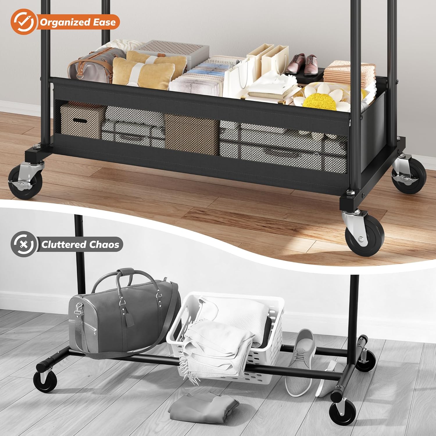 Clothes Rack, Double Rod Clothing Rack with Storage Bag & Sturdy Wheels, Metal Garment Rack for Closet Organizers and Storage, 43.3" W×17.7" D×63" H