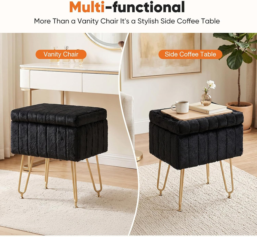 DUMOS Vanity Stool Chair with Storage, Small Ottoman Faux Fur Soft Padded Foo...