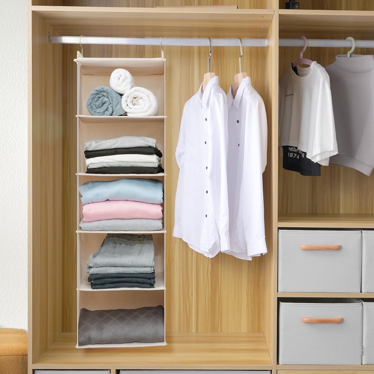 Large Hanging Sweater Organizer for Closet,Collapsible 6-Shelf Hanging Closet Shelves with Drawers, Washable (Beige -5 Shelf)