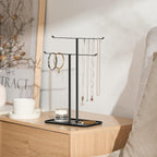 pickpiff Necklace Holder Jewelry Organizer Stand – 2‑Tier T‑Bar Jewelry Display Tree with Tray for Countertop Necklace Bracelet Earring Storage, Vanity Dresser Bathroom Sink, Black