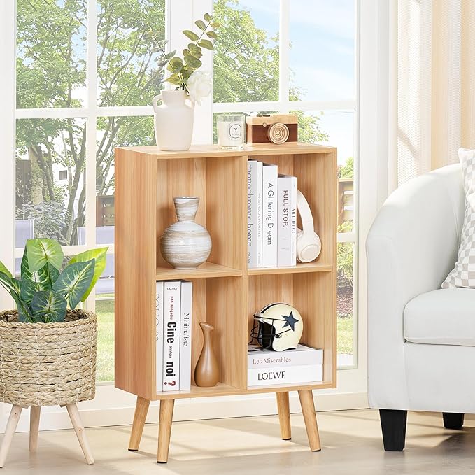 LEYAOYAO 4 Cube Bookshelf, 2-Tier Bookcase with Legs, Natural Kids Book Shelf Cute Storage Organizer, Free Standing Open Toy Shelves Modern Bookshelves,Wood Display Bookcases for Bedroom,Living Room