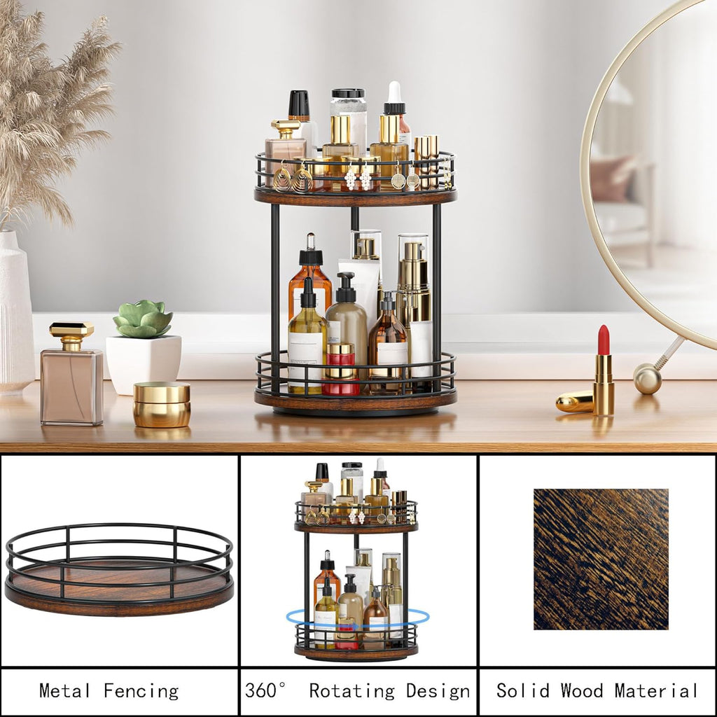 Bathroom Organizer Countertop,2 Tier Rotating Makeup Organizer Countertop for Vanity,Wooden Bathroom Counter Storage Shelf,Vanity Tray for Perfume,Skincare,Cosmetic