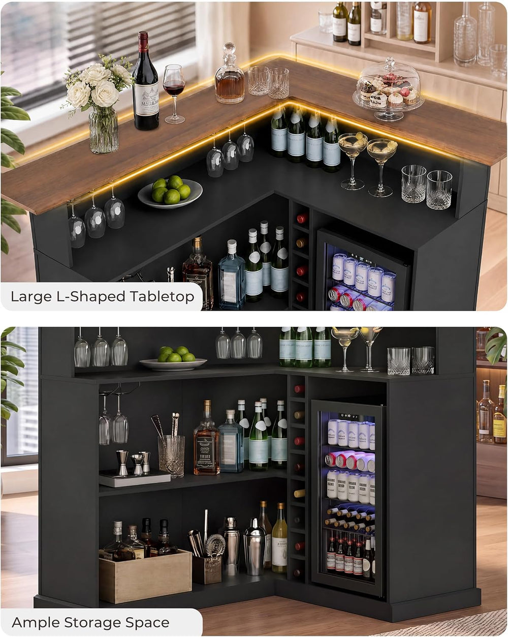 67" L Shaped Bar Cabinet with Fridge Space, Basement Bar