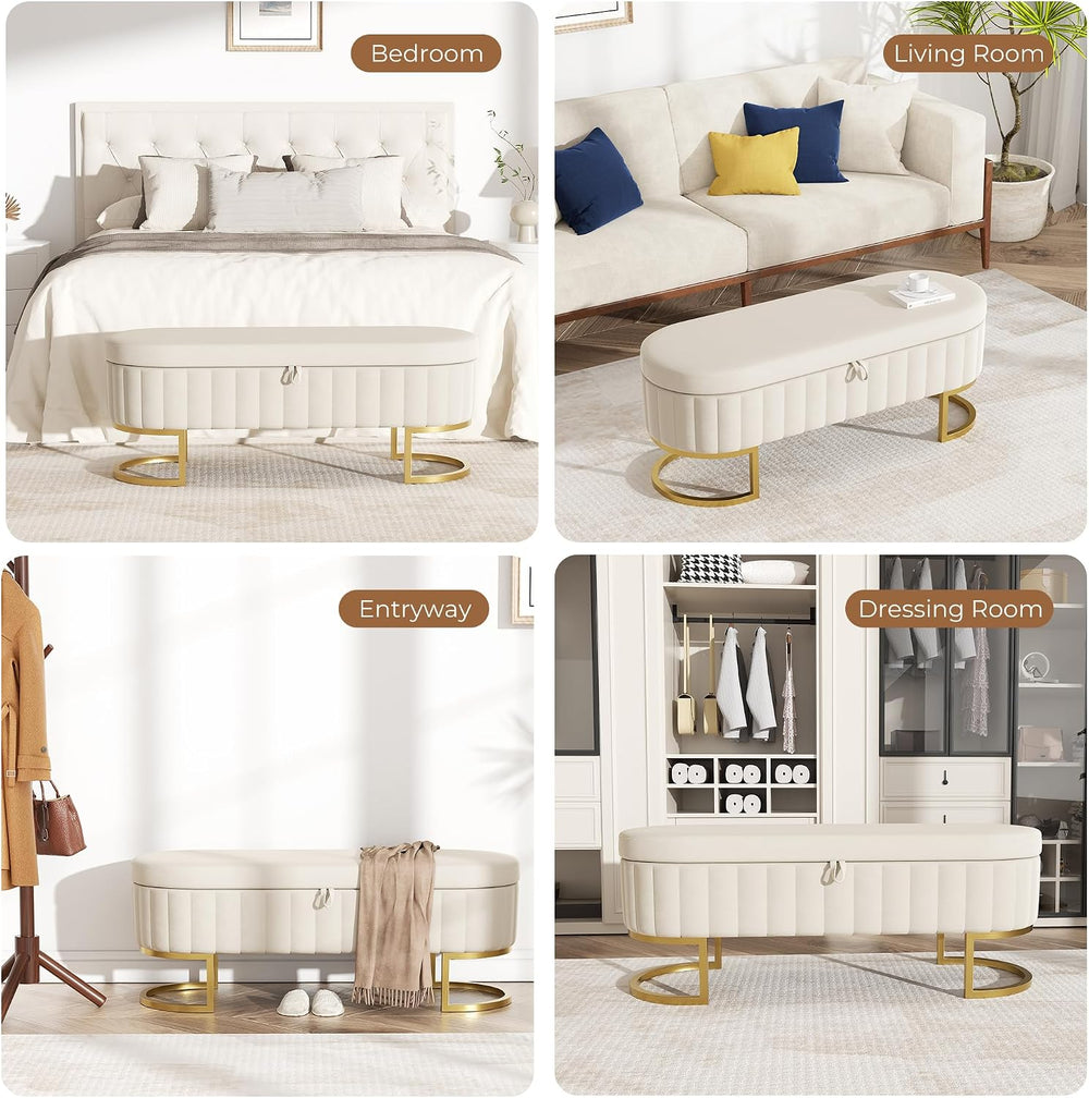 Storage Ottoman Bench, 45" Velvet End of Bed Bench Bedroom Bench with Go...