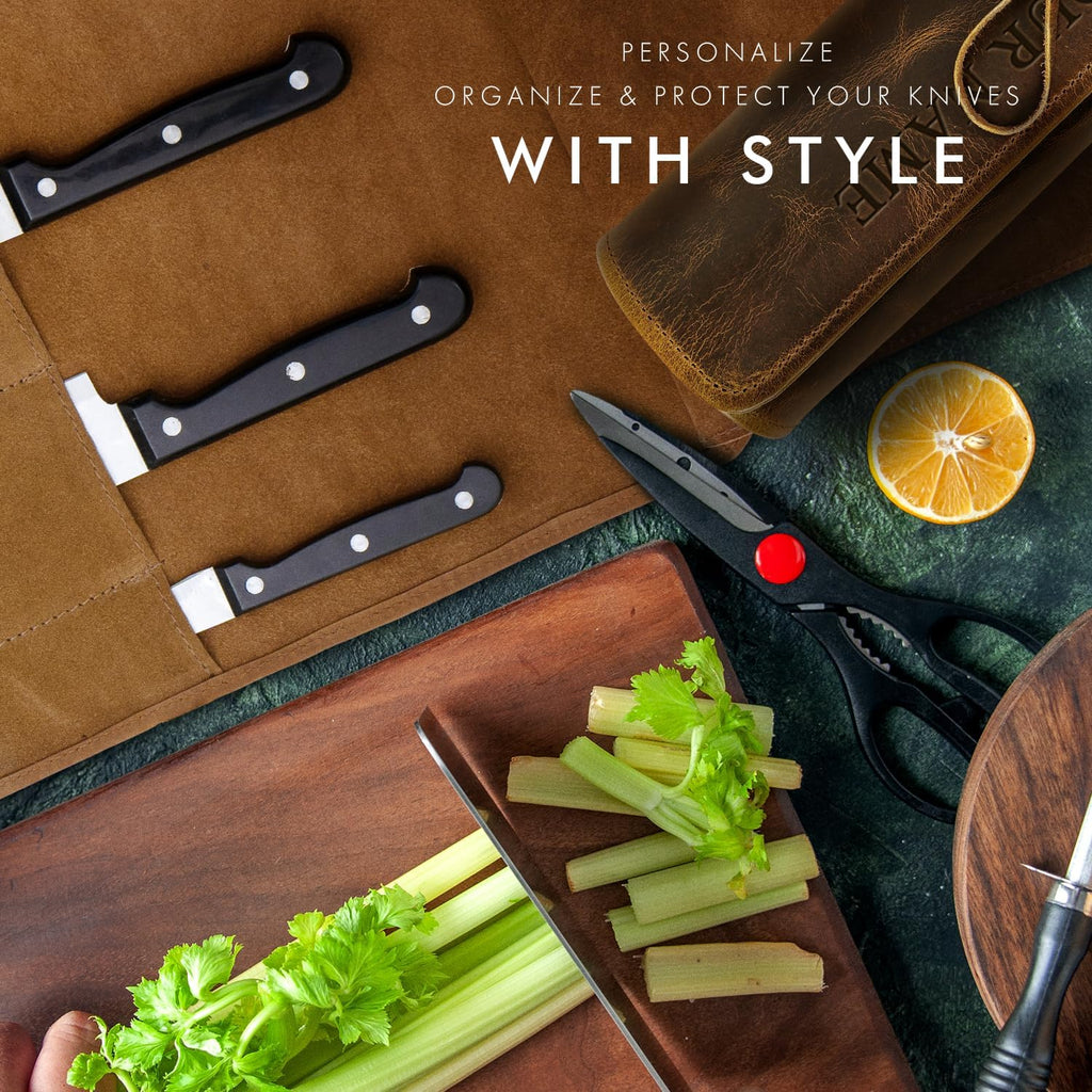 Personalized Premium Full Grain Leather Chef Knife Roll, 17L x 14W Inches Knife Storage Travel Case, Professional Custom Monogram Embossed Chef Knife Case - Holds 4 Chef Knives