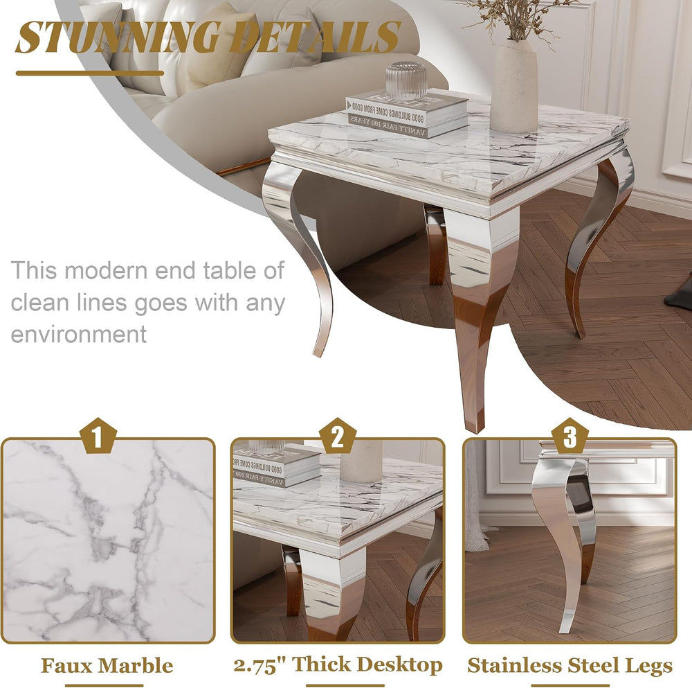 Square Faux Marble End Table, Modern Elegant Side Table with Stainless Steel ...