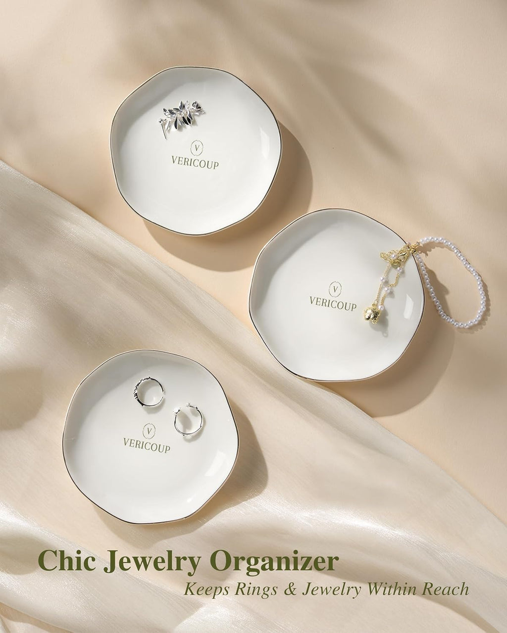 Ceramic Jewelry Dish | Cream White Ring & Earring Tray, 4.5 Inch Round Home Decor Gift for Bride, Engagement, Women