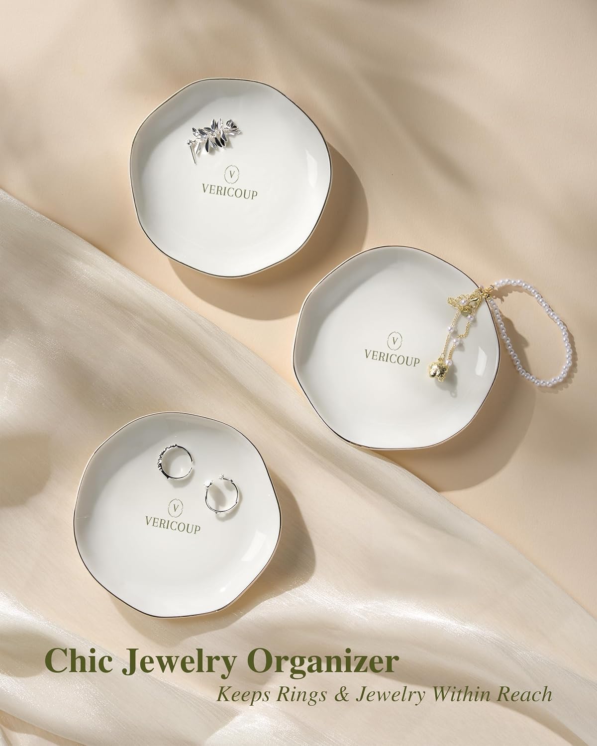 Ceramic Jewelry Dish | Cream White Ring & Earring Tray, 4.5 Inch Round Home Decor Gift for Bride, Engagement, Women