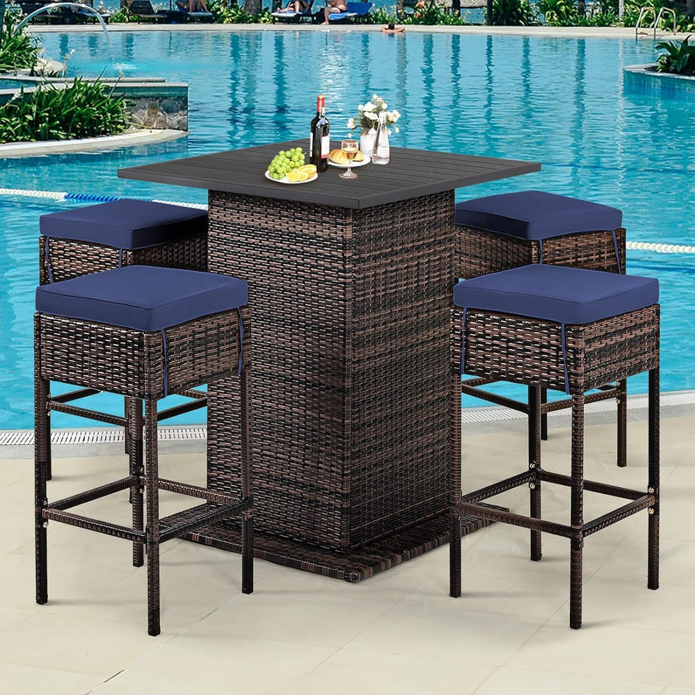 RELAX4LIFE 5-Pcs Outdoor Bar Set, Wicker Bar Height Outdoor Table & Chairs