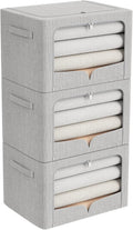 FHSQX 3 Pack Clothes Storage Bins - Foldable Metal Frame Storage Box - Stackable Linen Fabric Container Organizer Set with Carrying Handles and Clear Window (Light Gray, 19.7x15.7x13inch(66L))