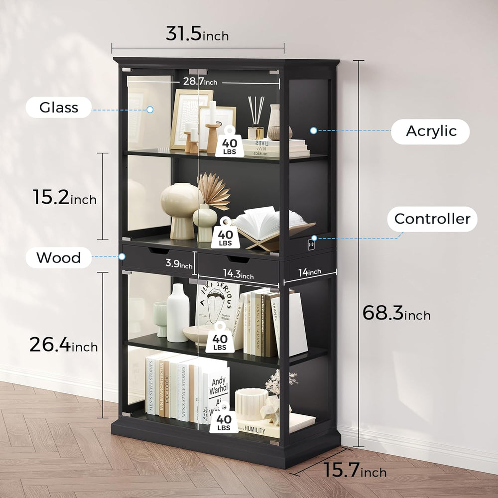 Jocoevol Display Cabinet with Glass Doors, 68'' Tall Curio Cabinet wi...