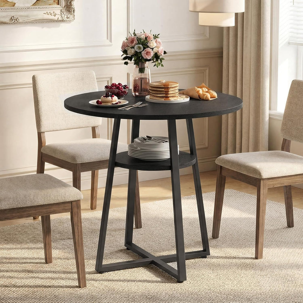 MAHANCRIS 31.5" Round Dining Table for 2-4, Farmhouse Kitchen Table with Storage Shelf, Small Circle Dining Table Space Saving, for Dining Room, Kitchen, Living Room, Black DTBK8201