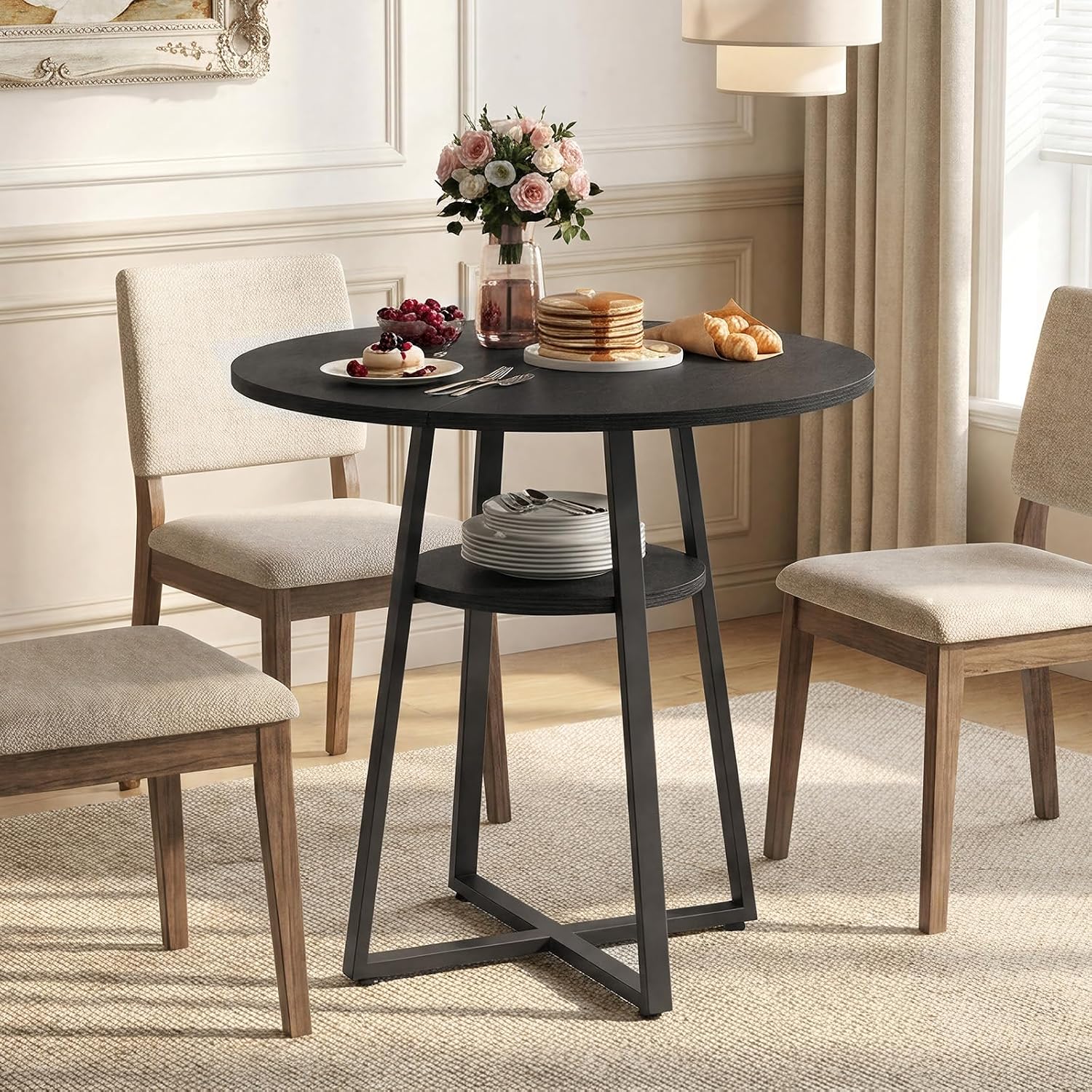 MAHANCRIS 31.5" Round Dining Table for 2-4, Farmhouse Kitchen Table with Storage Shelf, Small Circle Dining Table Space Saving, for Dining Room, Kitchen, Living Room, Black DTBK8201