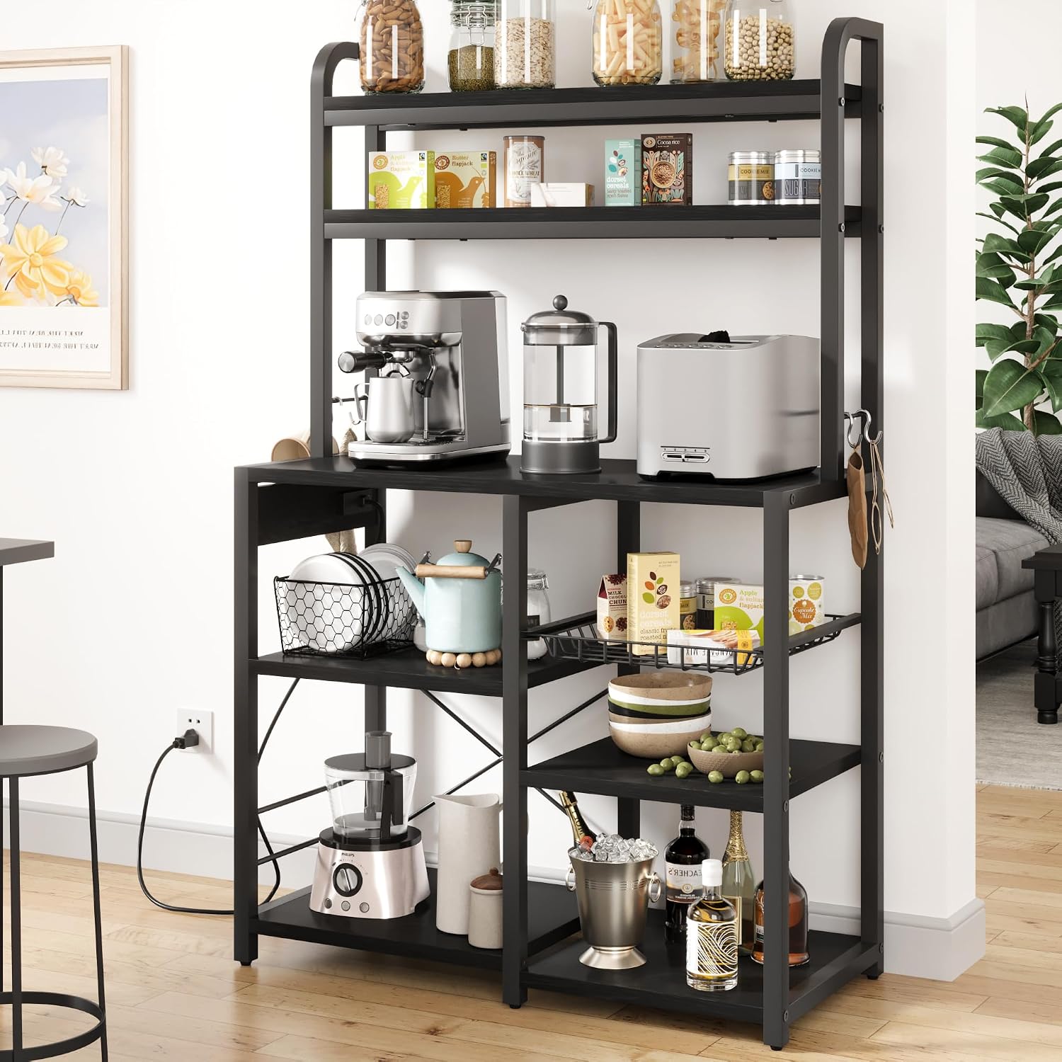 IDEALHOUSE Bakers Rack with Power Outlet, Coffee Bar with Wire Drawer, Industrial Microwave Stand, Kitchen Buffet Table with Large Storage, 6-Tier Kitchen Storage Rack with Hutch, Rustic Black