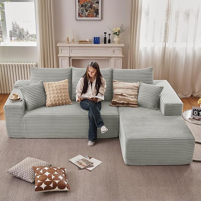 107" Cloud Sectional Couch with L-Shape Chaise, Modern Modular Comfy Sofa Chaise Longue, Upholstered Corduroy Couches Sleeper with Deep Seat for Living Room Bedroom, No Assembly Required, Grey
