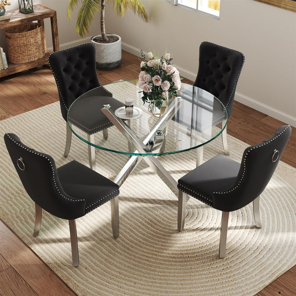 yeag 39 in Luxury Round Dining Table Set for 4, Modern Tempered Glass Top &am...