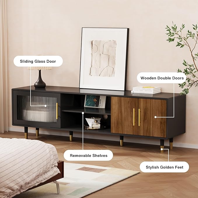 TV Stand with Glass Sliding Door, 66” Mid Century Modern TV Cabinet for TVs up to 75 inch, Entertainment Center with Storage Cabinet, Television Console for Living Room, Bedroom, Black