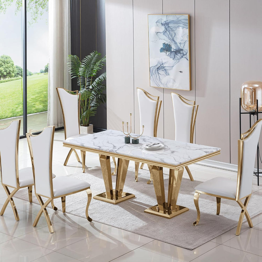 7 Piece Marble Dining Table Set for 6, Luxury Gold Kitchen Table and Chairs S...