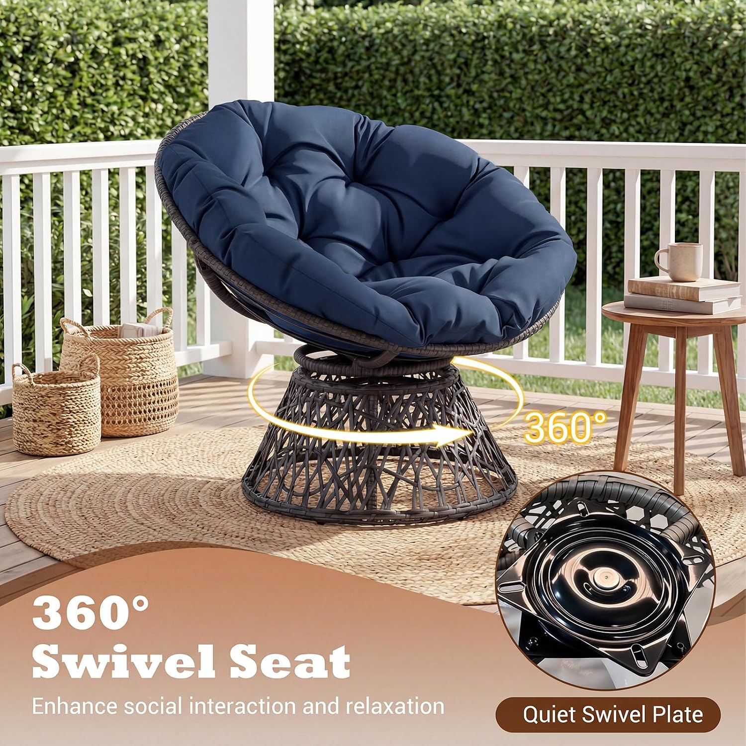 Giantex Wicker Papasan Chair with Soft Thick Cushion and High Capacity Metal Frame, 360° Swivel Ergonomic Lounge Reading Chair for Living Room, Bedroom, Patio, Indoor Outdoor Use (Navy Blue)