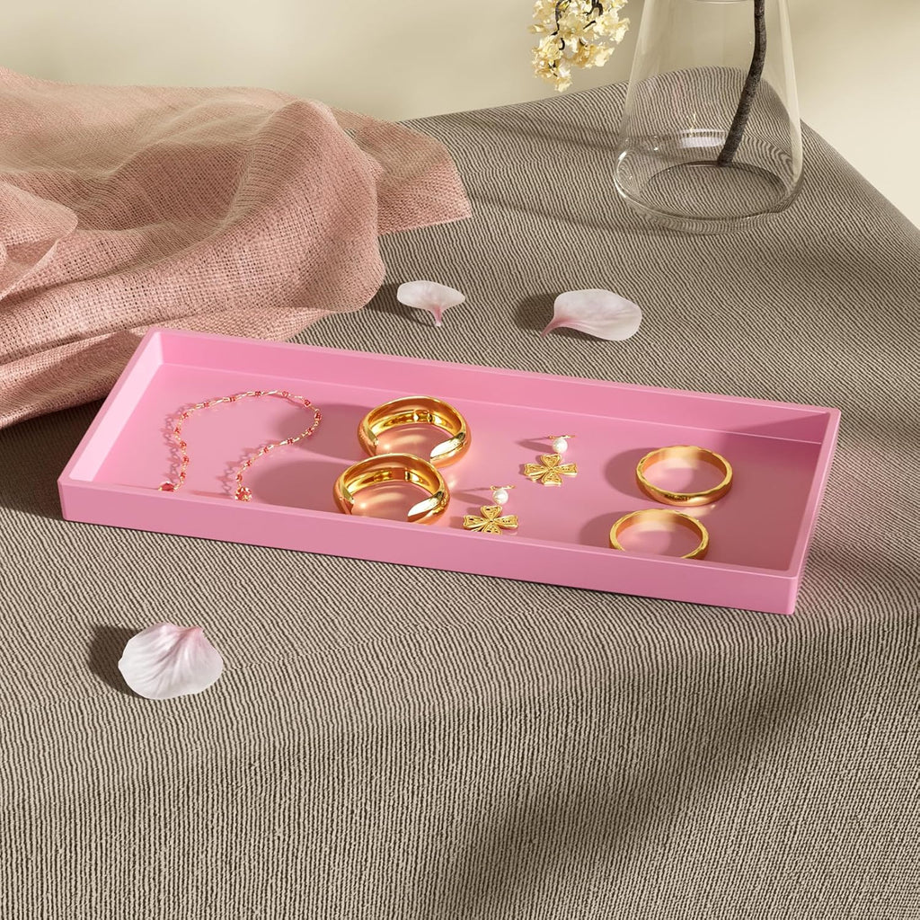 Vanity and Bathroom Tray, 11.8" ABS Countertop Organizer,Waterproof Vanity Tray for Toilet Tank,Perfume,Soap,Keys,Bathroom Accessories,Kitchen and Bath Trays,Non Slip Small Trays,Pink