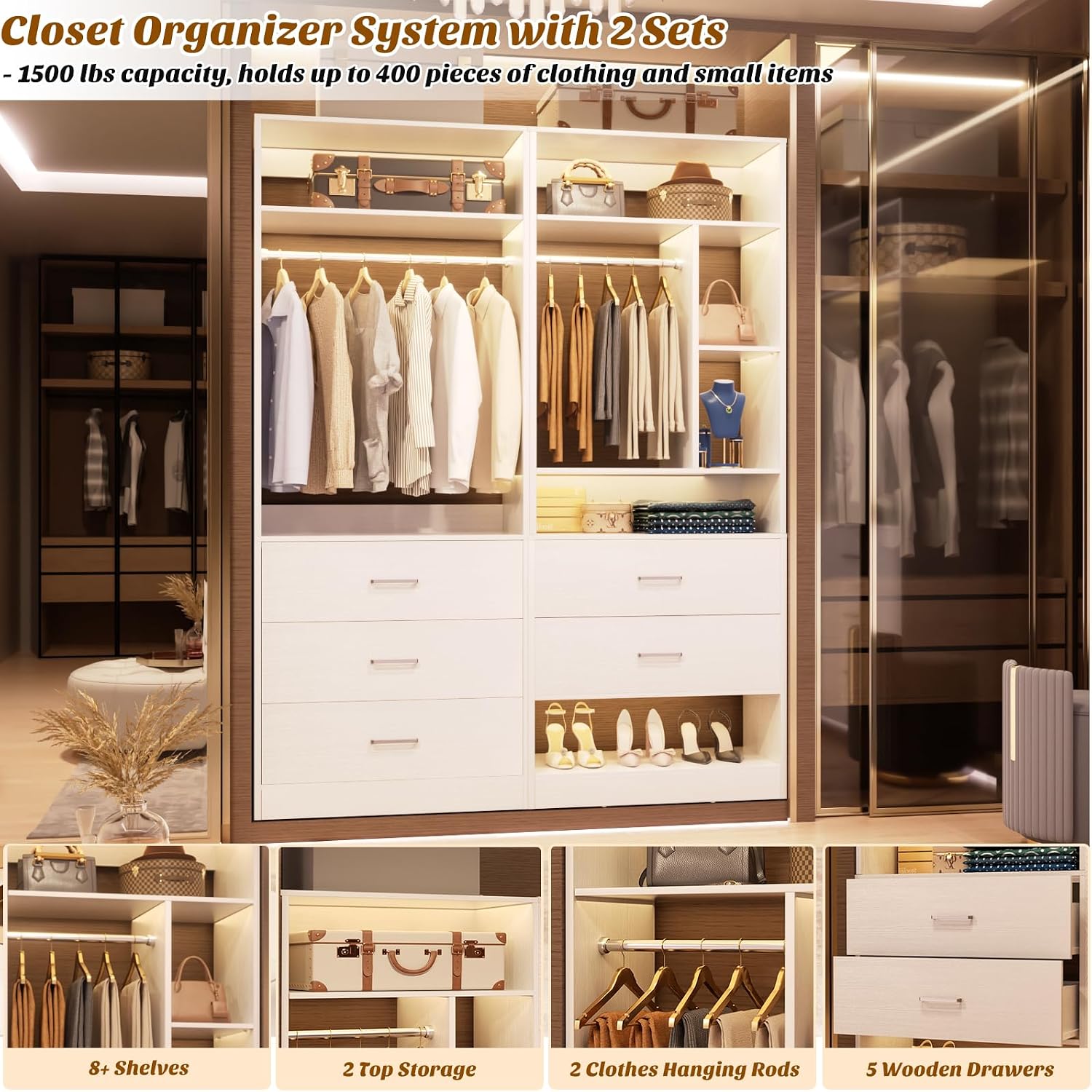 Besiost 4FT Closet Systems with 5 Drawers, 48" Closet Organizer System | Wood Closet Organizer with 2 Hanging Rods & 7 Shelves, Heavy Duty 48" Walk-in Closet for Nusery, White (48"L x 15" W x 80" H)