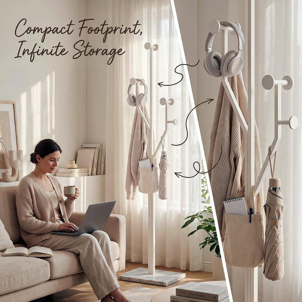 Modern White Coat Racks Freestanding with 8 Hooks, Coat Tree for Entryway