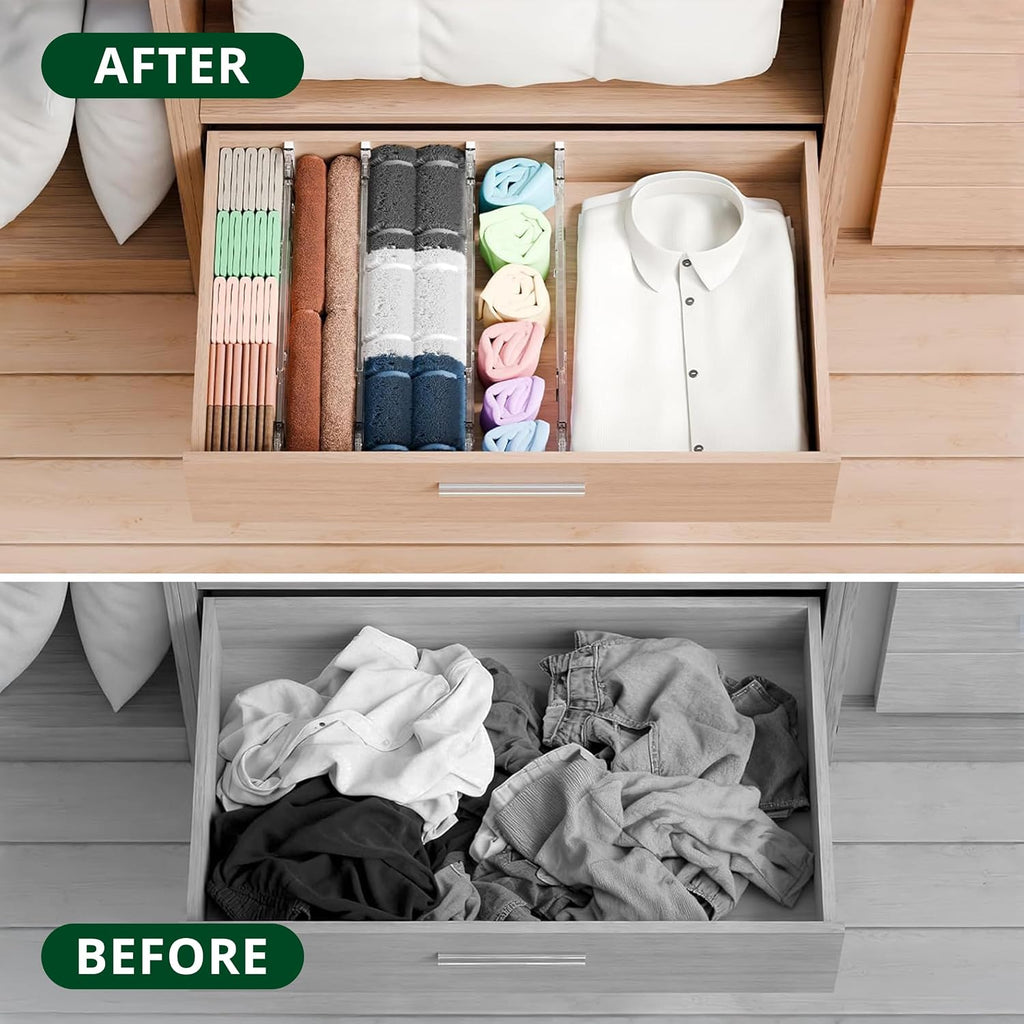 Clear Drawer Dividers Organizers, Adjustable Expandable Drawer Divider Organizer for Clothes, Dresser, Kitchen & Office Drawers, Acrylic Drawer Separators for Bedroom Storage, 4-Pack, Clear Plastic