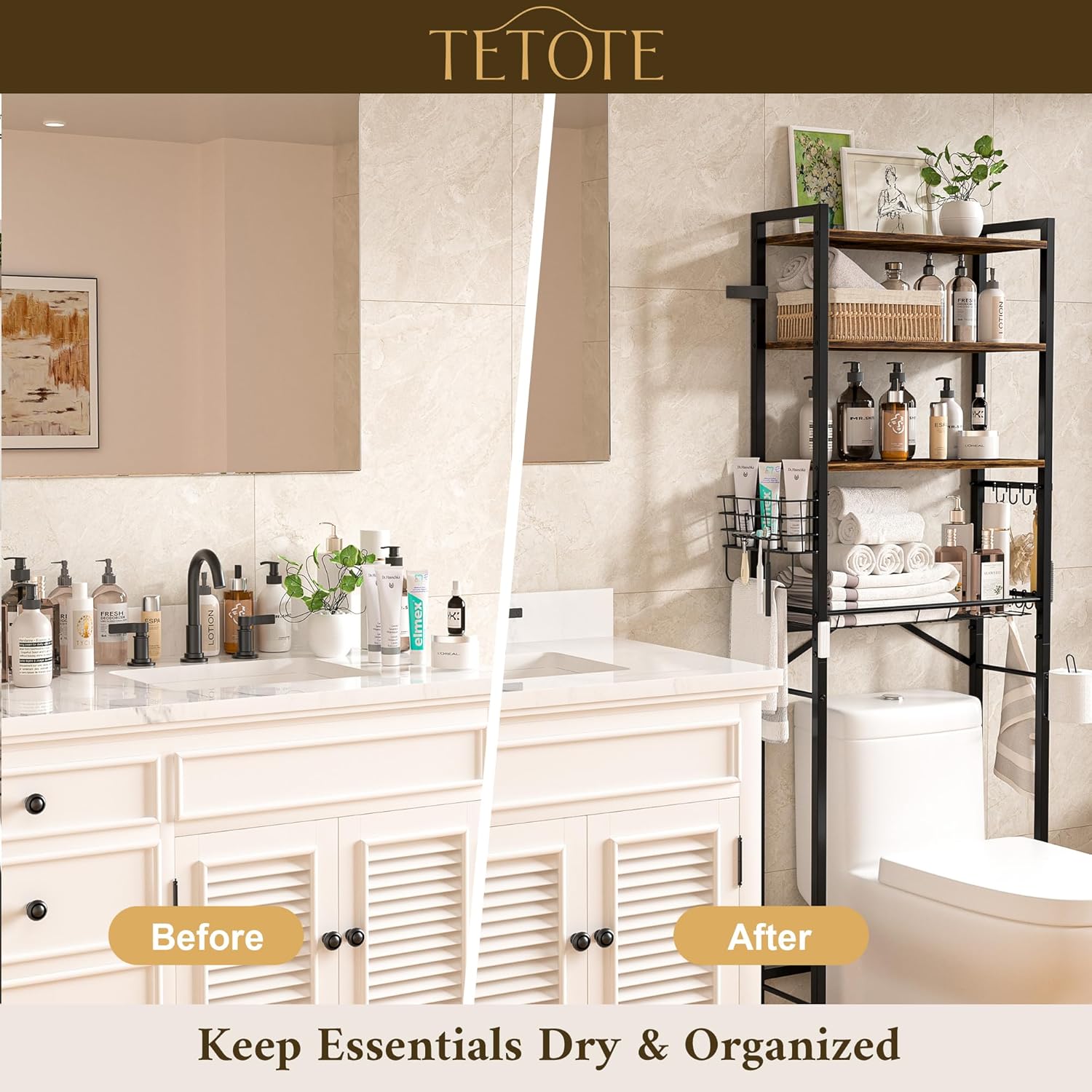 TETOTE Over Toilet Bathroom Organizer, 4-Tier Bathroom Over The Toilet Storage with Adjustable Shelf and Basket, Freestanding Space Saver Bathroom Shelves Above Toilet for Room(Black)