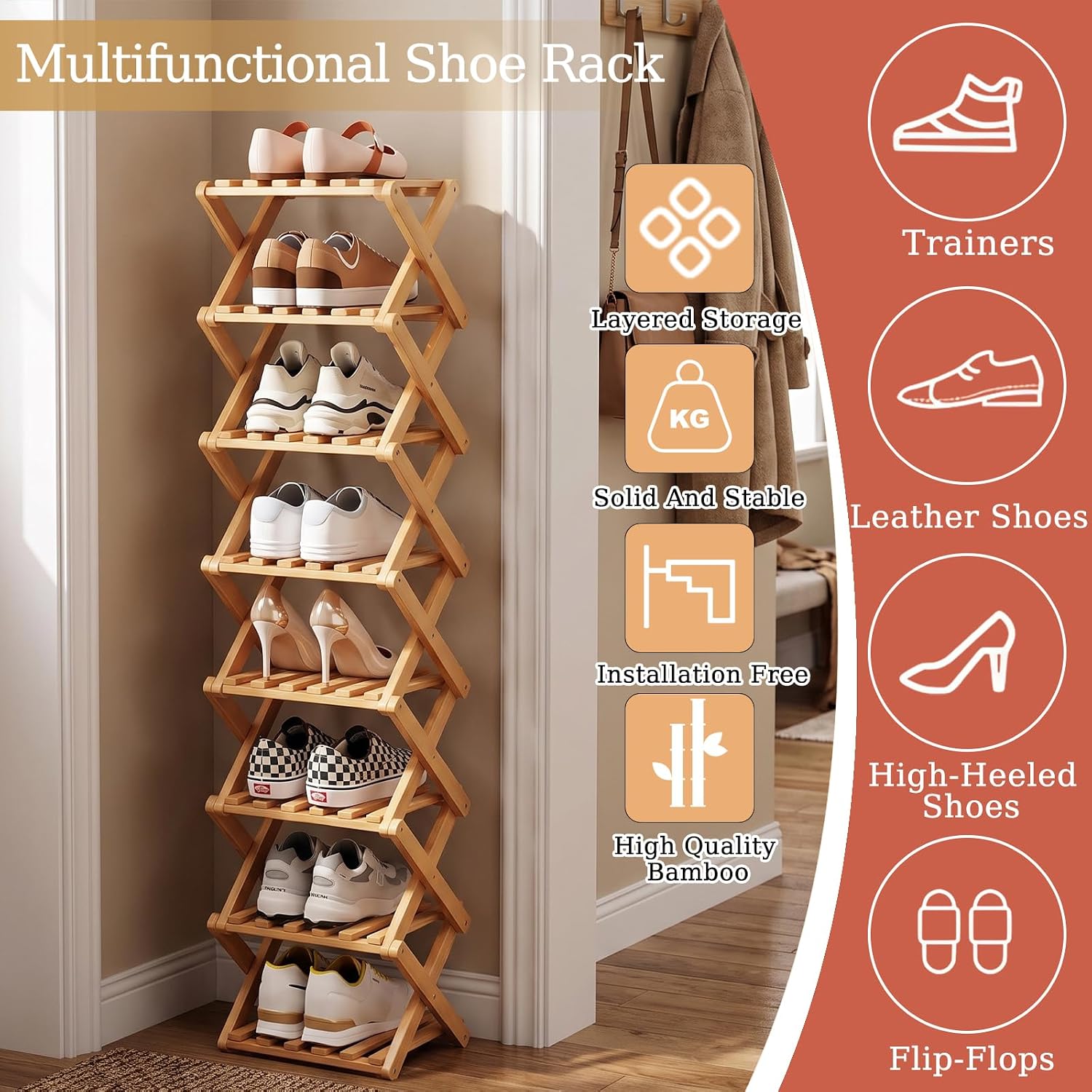 Bamboo Shoe Rack, Portable Folding Storage Rack, No Installation | Eight Layers Of Primary Colors, Free Standing Design, Ideal For Entryway, Closet, Dorm, Small Spaces
