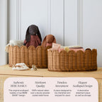 BEBE BASK Premium Scalloped Basket Set of 2 (16x10x7 In) - Storage Baskets | Handwoven Rattan, Scallop Basket, Wicker Basket With Scalloped Edge, Nursery Storage, Set of 2, Mocca