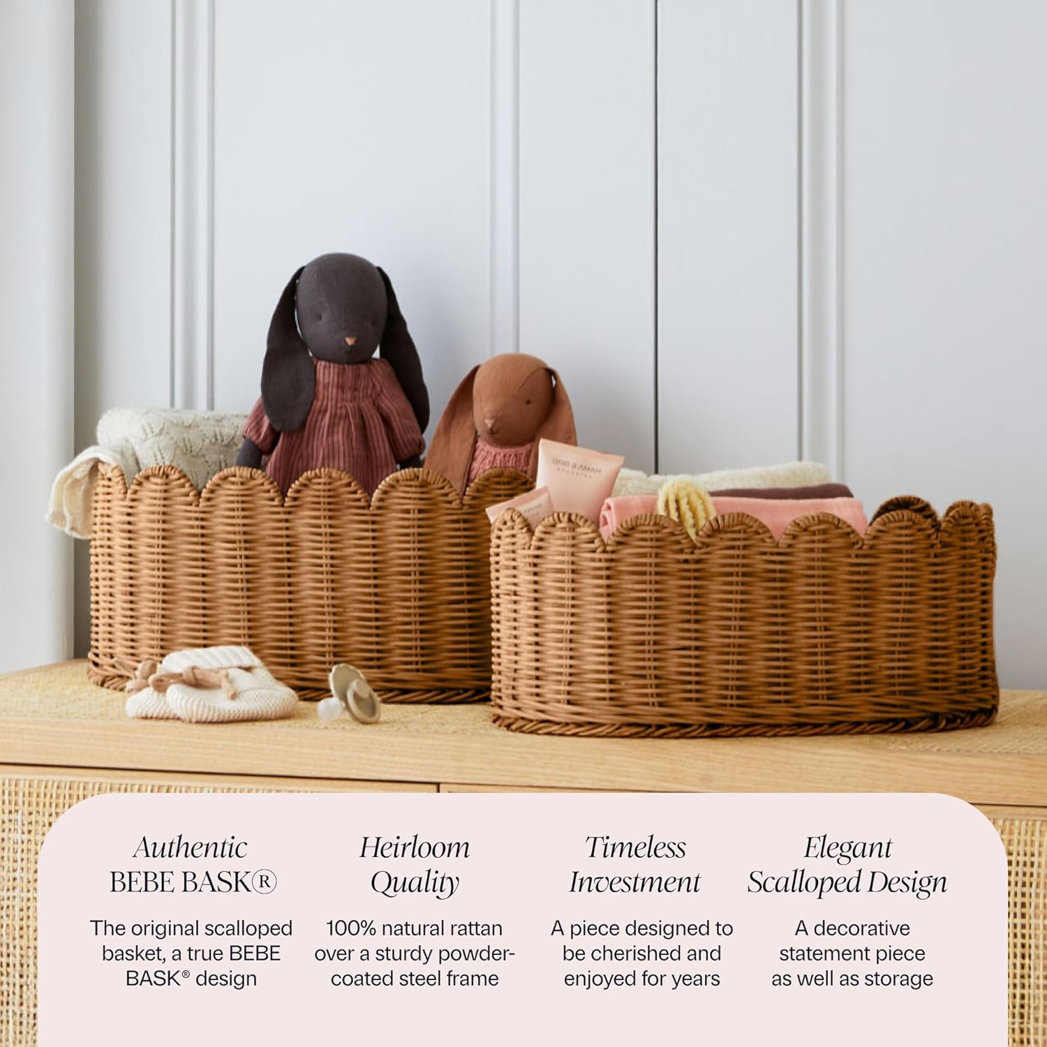 BEBE BASK Premium Scalloped Basket Set of 2 (16x10x7 In) - Storage Baskets | Handwoven Rattan, Scallop Basket, Wicker Basket With Scalloped Edge, Nursery Storage, Set of 2, Mocca